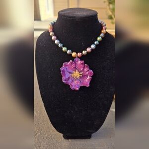 Hand Crafted Purple Floral Necklace with Multicolor Beads